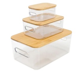 Set De 3 Cajas Organizadoras Plásticas Con Tapa De Bamboo