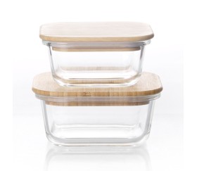 Set De 2 Bowls Cuadrados De Vidrio Con Tapa De Bamboo