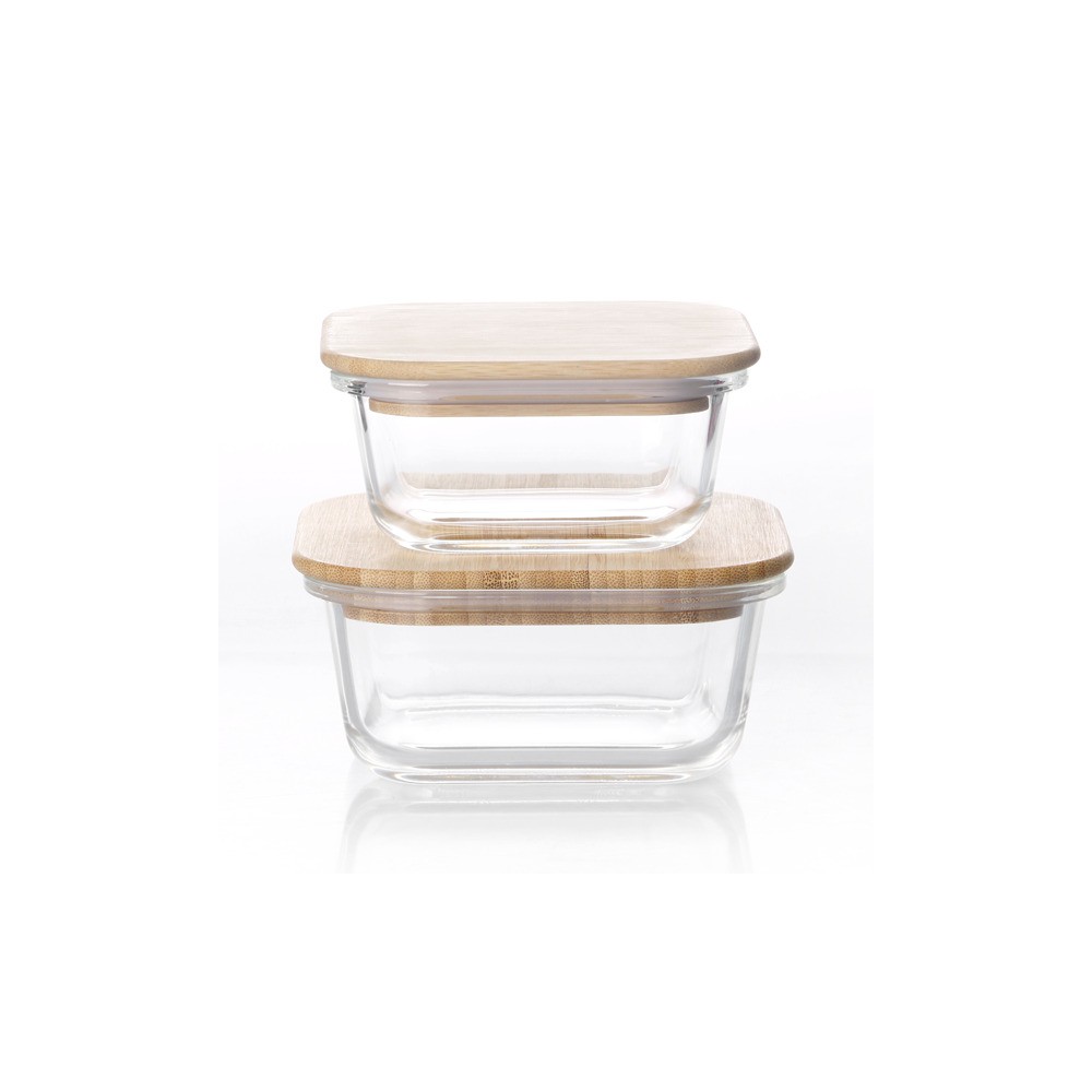 Set De 2 Bowls Cuadrados De Vidrio Con Tapa De Bamboo Set De 2 Bowls Cuadrados De Vidrio Con Tapa De Bamboo