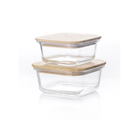 Set De 2 Bowls Cuadrados De Vidrio Con Tapa De Bamboo