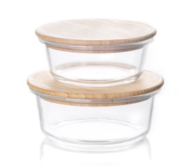 Set De 2 Bowls Redondos De Vidrio Con Tapa De Bamboo