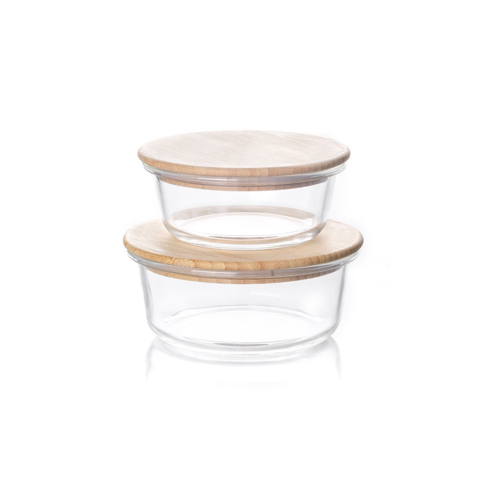 Set De 2 Bowls Redondos De Vidrio Con Tapa De Bamboo Set De 2 Bowls Redondos De Vidrio Con Tapa De Bamboo